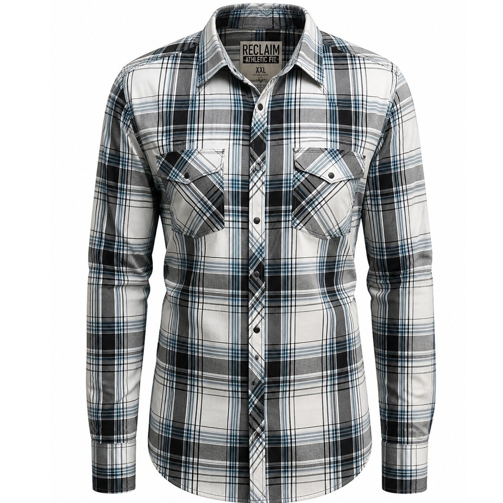 Reclaim Athletic Fit Mens XXL Blue Plaid Western Pearl Snap Long Sleeve Shirt